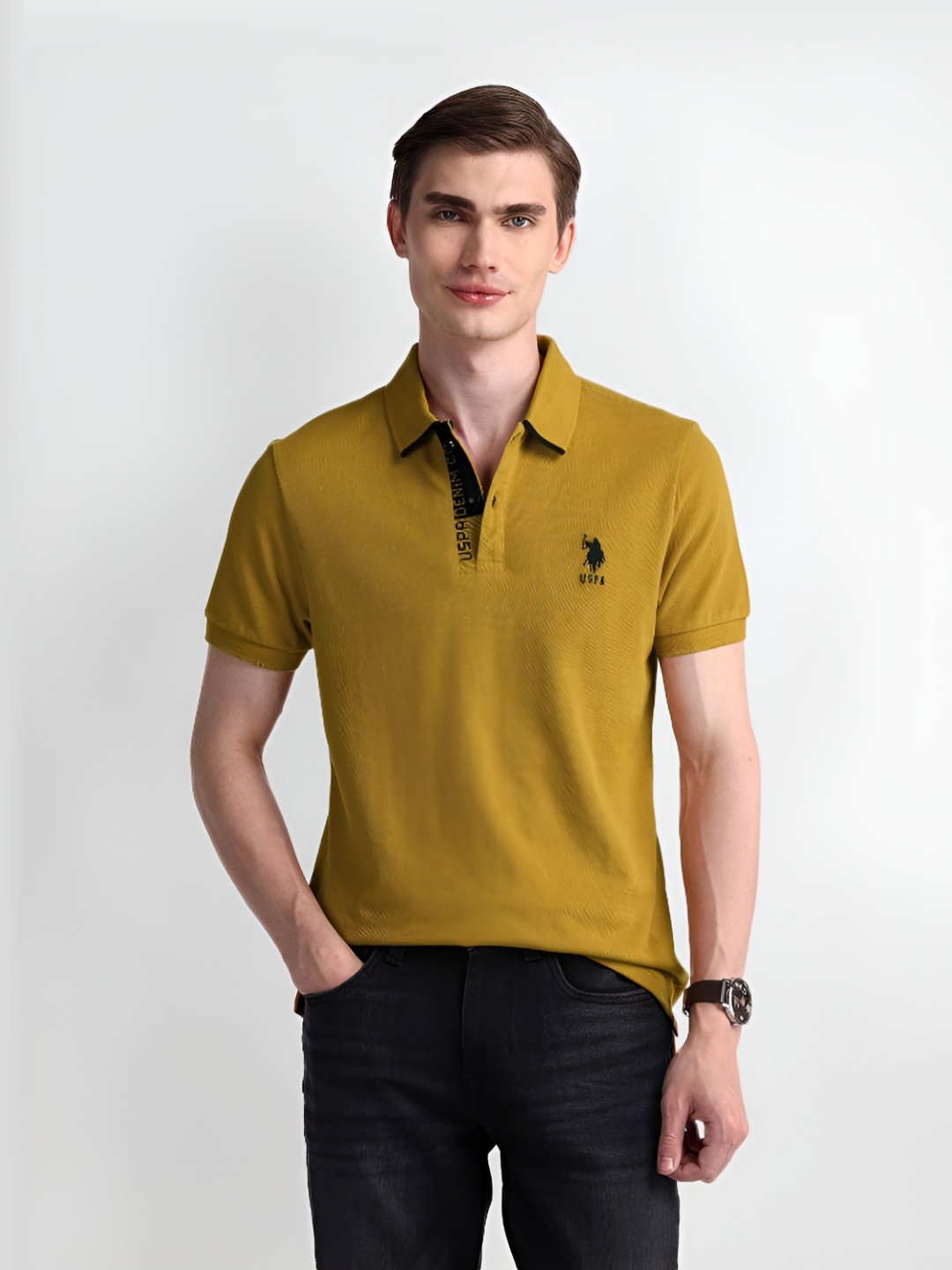 

U.S. Polo Assn. Men Solid Polo Collar Cotton Slim Fit T-Shirt, Yellow