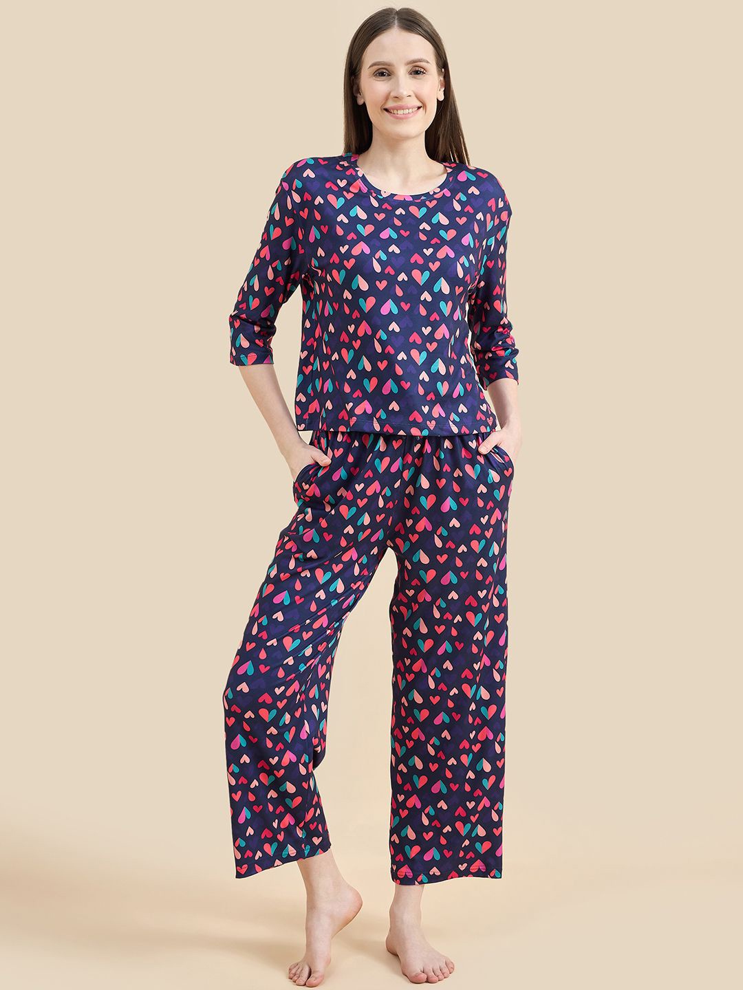 

July Women Printed Night suit, Navy blue