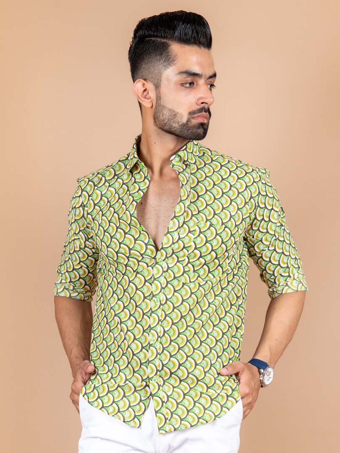 

Tistabene Men Standard Spread Collar Abstract Printed Cotton Casual Shirt, Green