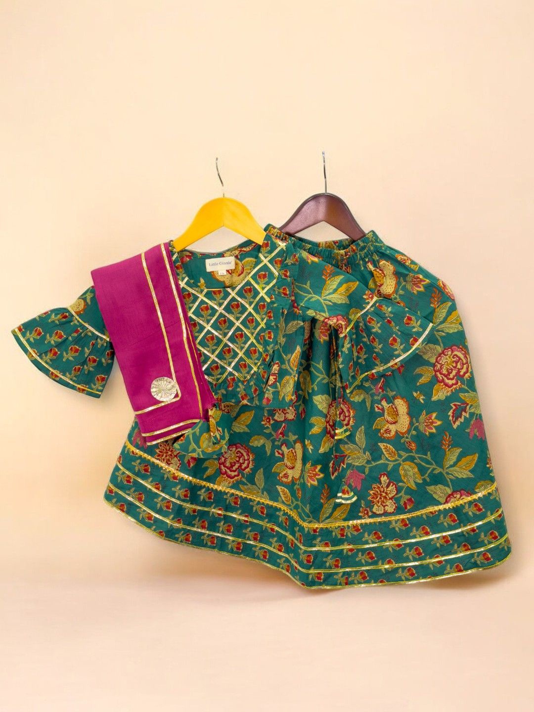 

LITTLE GINNIE Girls Printed Pure Cotton Lehenga Choli, Green