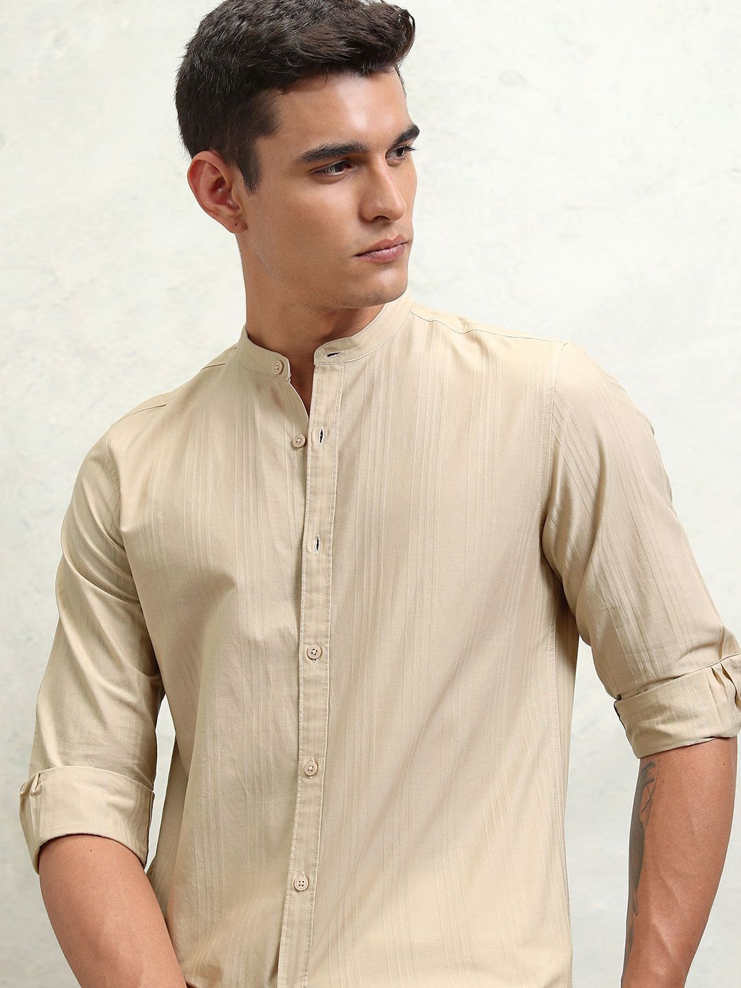 

Highlander Men Beige Dobby Textured Solid Mandarin Collar Casual Shirt