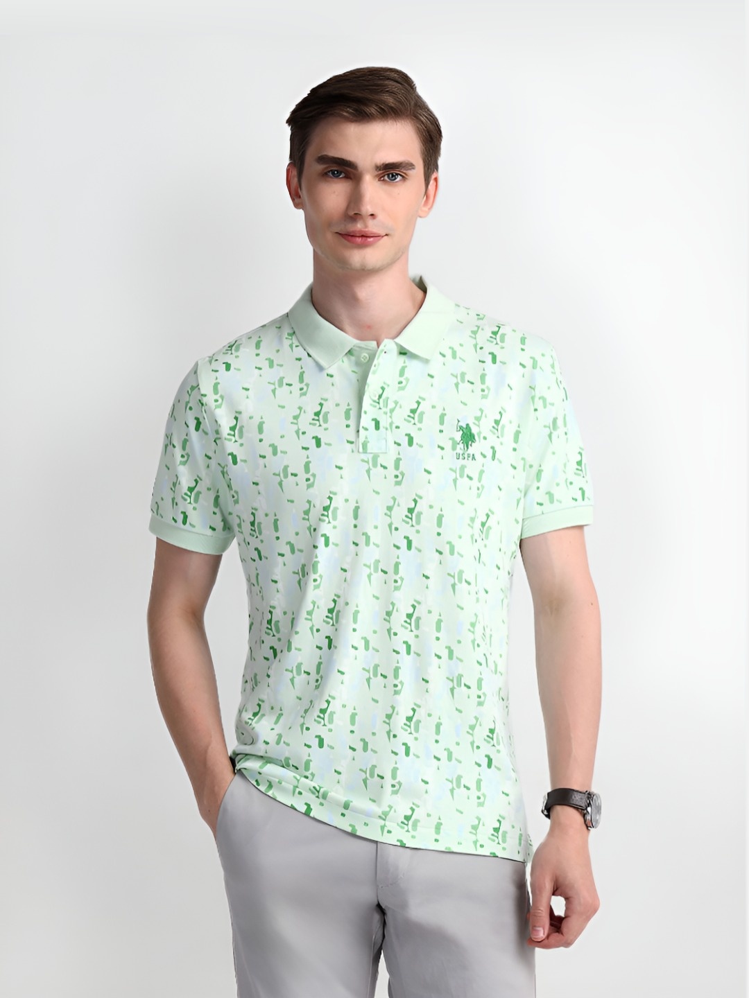 

U.S. Polo Assn. Men Typography Printed Polo Collar Cotton Slim Fit T-Shirt, Green