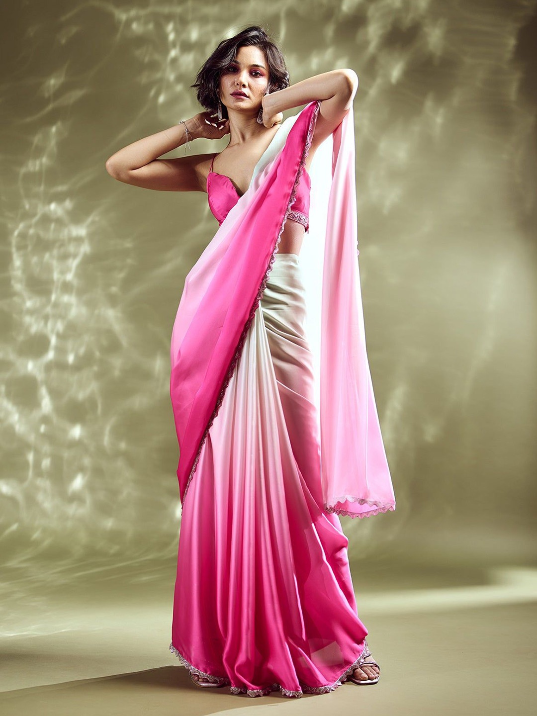 

Jinal & Jinal Ombre Beads and Stones Poly Crepe Saree, White