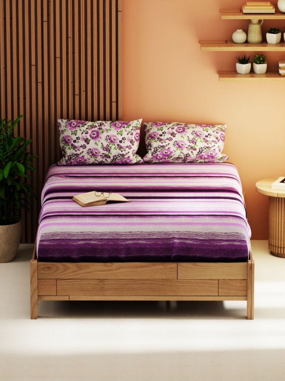 

KOPA Magnolia Purple & White Striped 152 TC Queen Bedsheet with 2 Pillow Covers