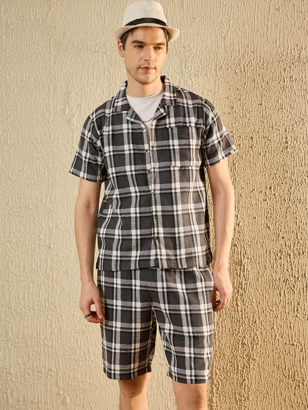 

Modeve Checked Cuban Collar Shirt With Shorts, Black