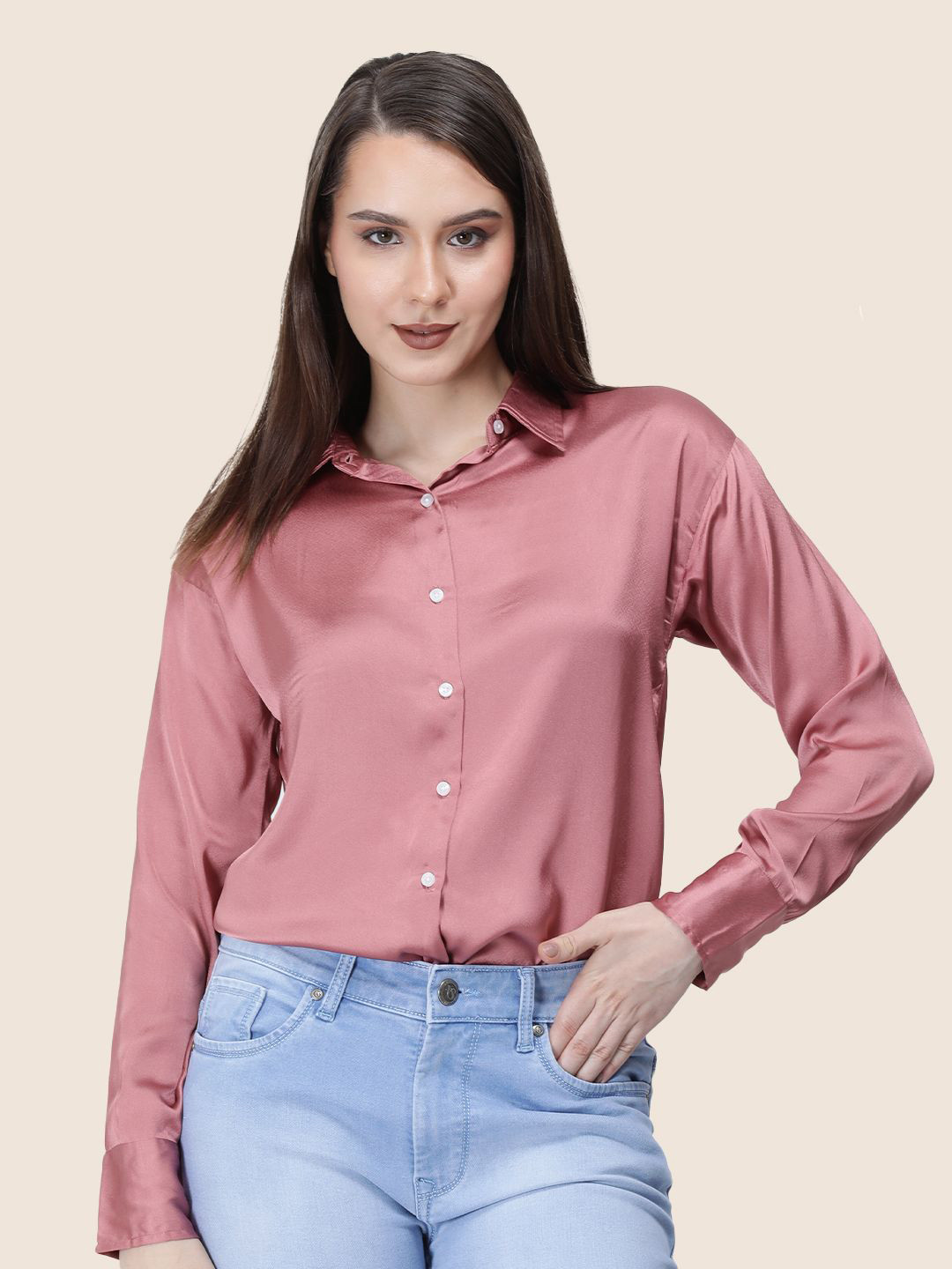 

AMSWAN Women Premium Spread Collar Solid Relaxed Fit Casual Shirt, Pink