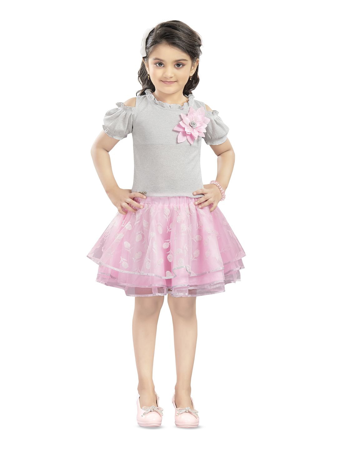 

Lei-Chie Girls Round Neck Top with Skirt, Grey