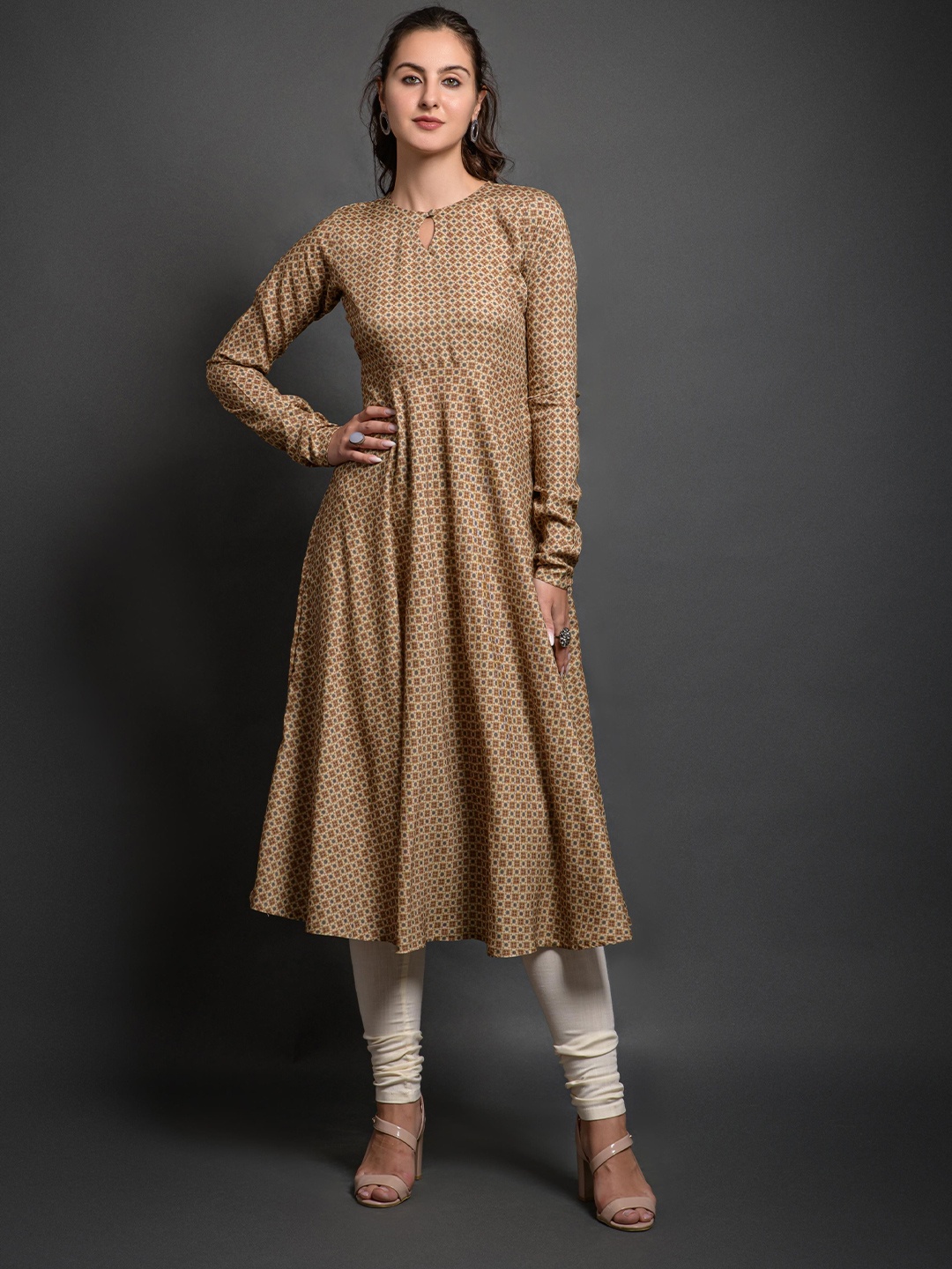 

OXIT CLASS Printed Keyhole Neck Anarkali Kurta, Beige