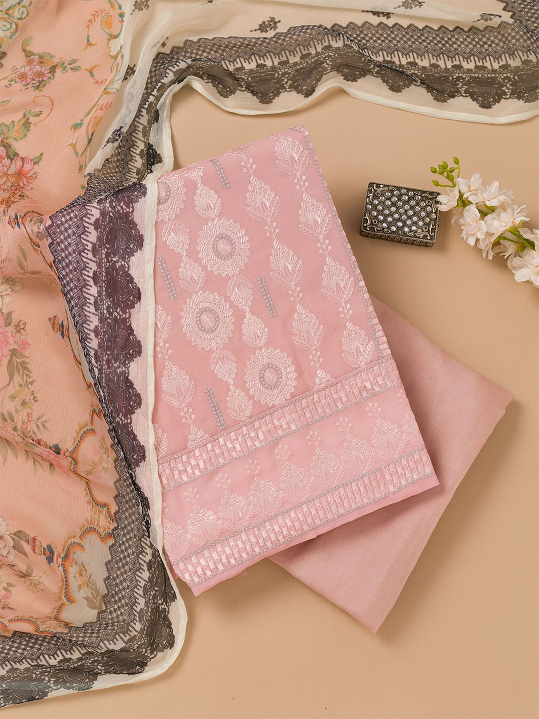 

Koskii Floral Embroidered Unstitched Dress Material, Peach