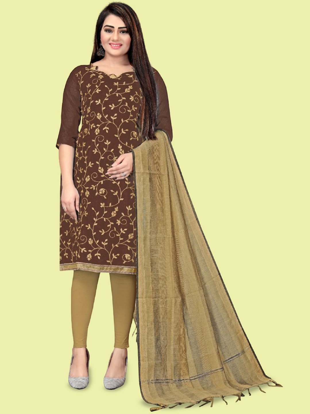 

APNISHA Floral Embroidered Thread Work Unstitched Dress Material, Coffee brown