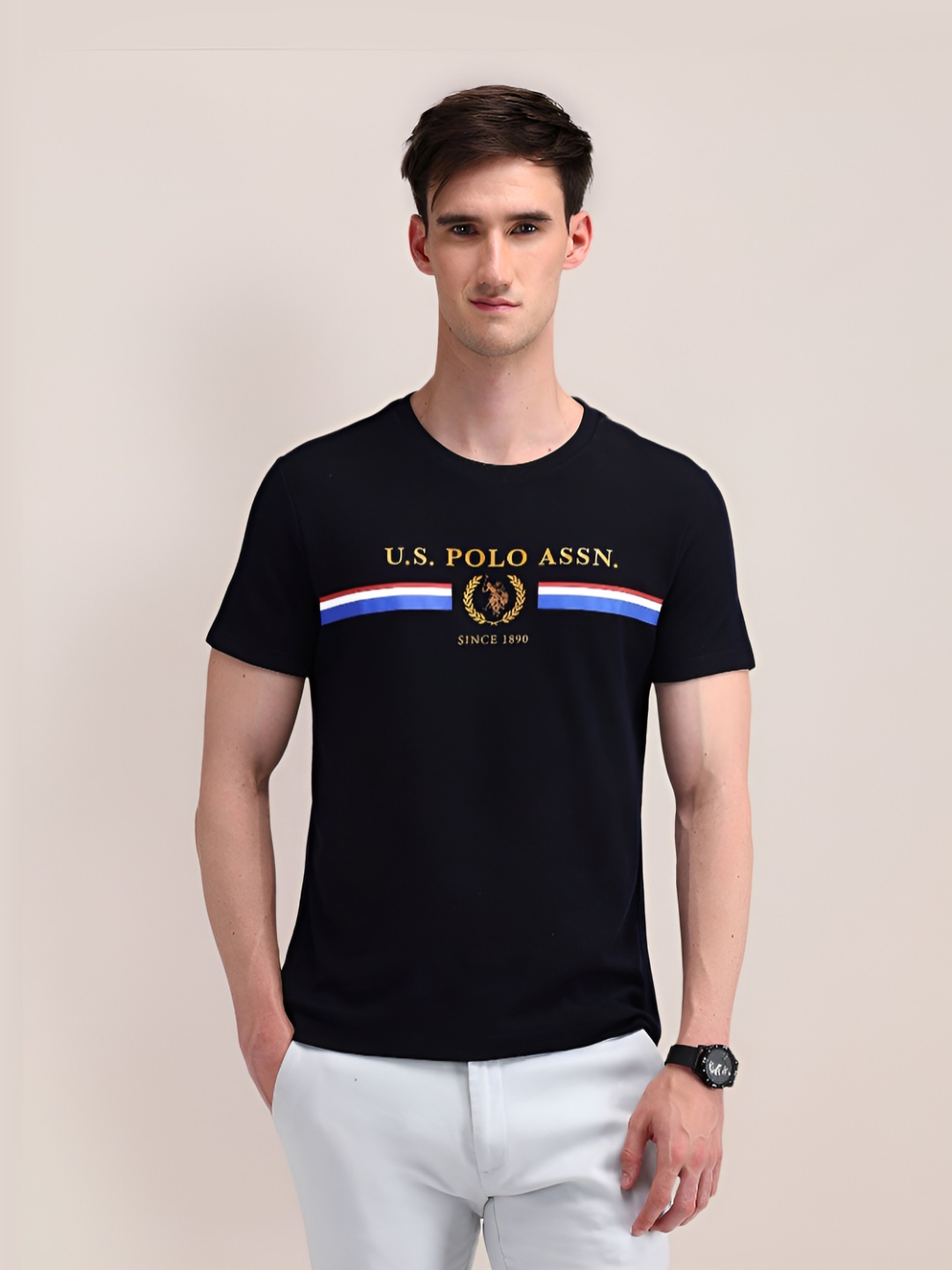 

U.S. Polo Assn. Men Brand Logo Printed Round Neck Cotton Slim Fit T-shirt, Blue