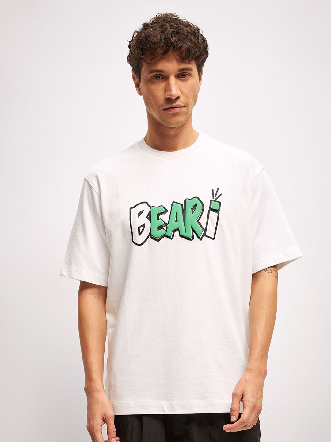 

THE BEAR HOUSE Men Typography Printed Round Neck Cotton Oversized T-Shirt, White