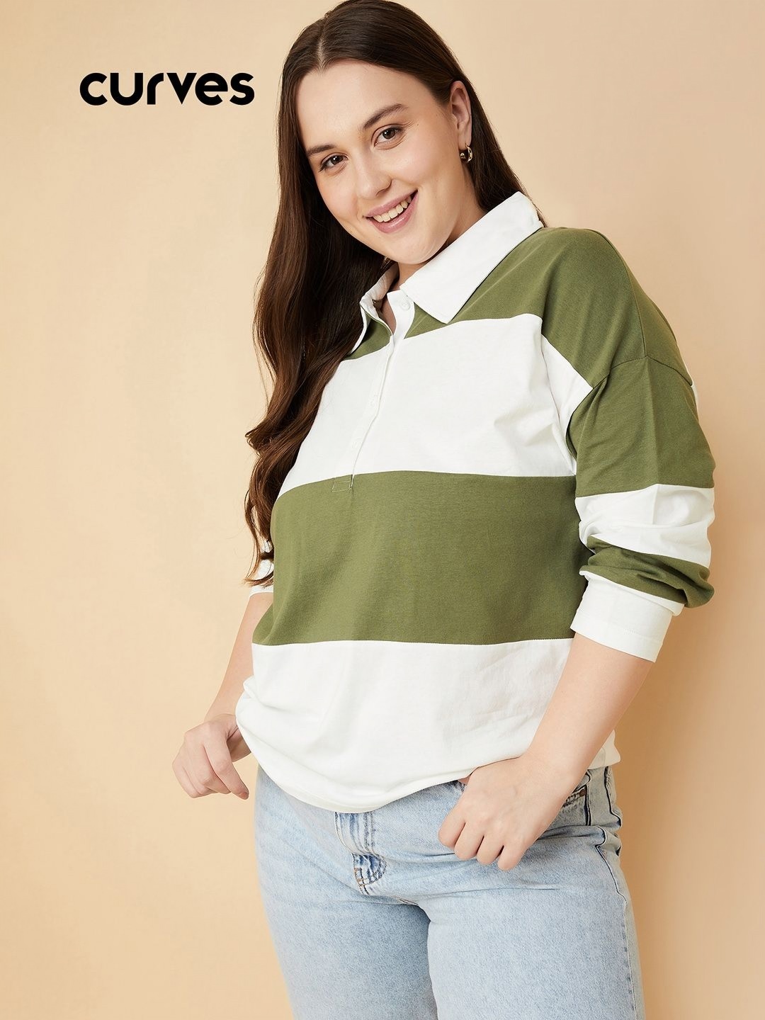 

max Women Colourblocked Polo Collar Cotton Oversized T-Shirt, Green
