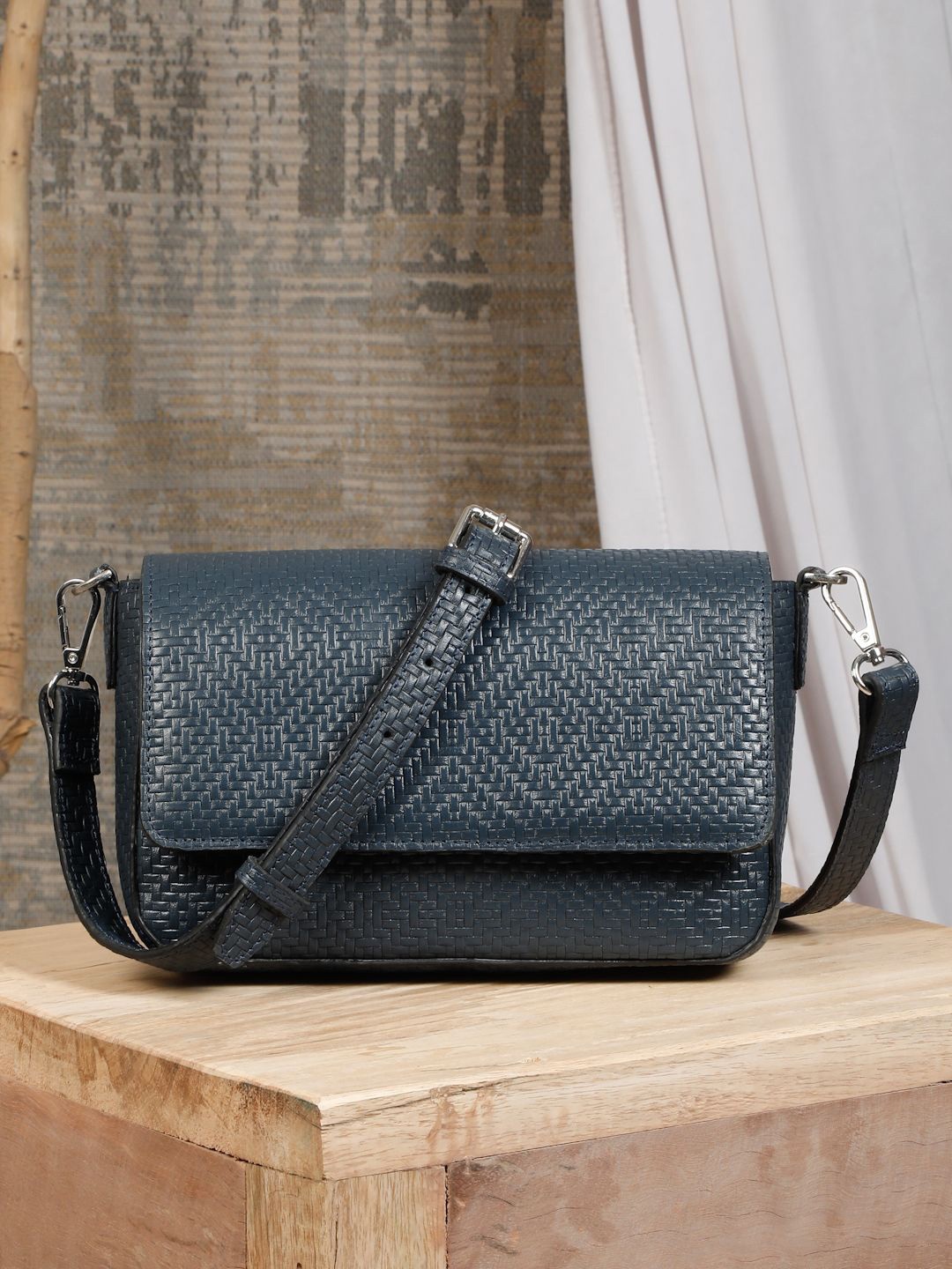 

HATS OFF ACCESSORIES Leather Structured Sling Bag with Cut Work, Navy blue