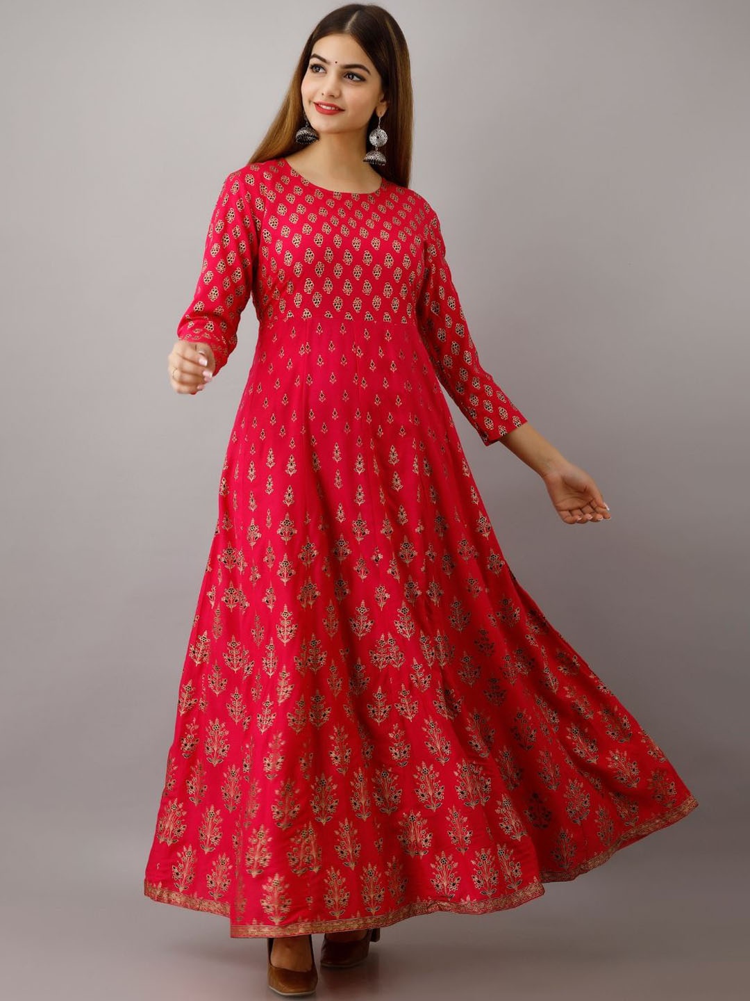 

Jaipurite Ethnic Motifs Printed Round Neck Maxi Ethnic Dress, Pink