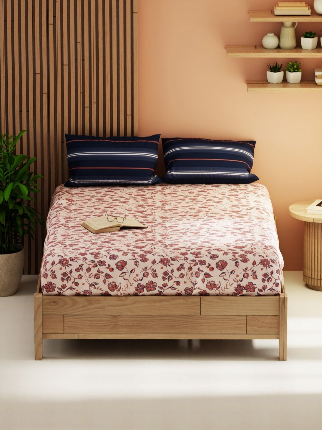 

KOPA magnolia Red & Beige Floral Microfiber 152 TC Queen Bedsheet with 2 Pillow Covers