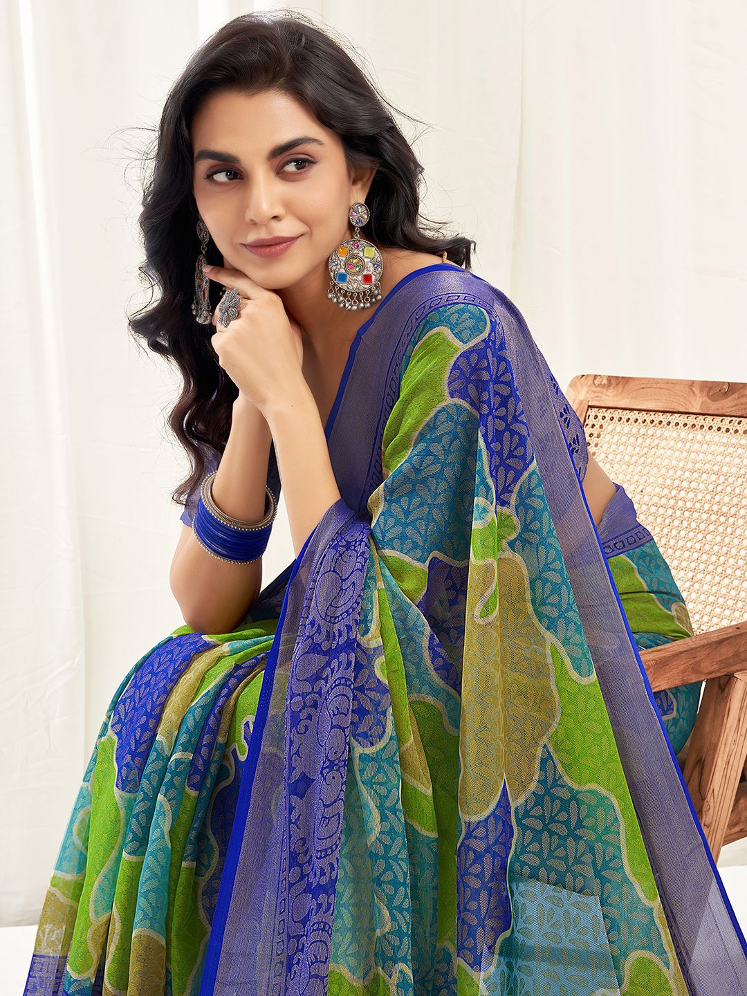

KALINI Pure Chiffon Bagh Saree, Green