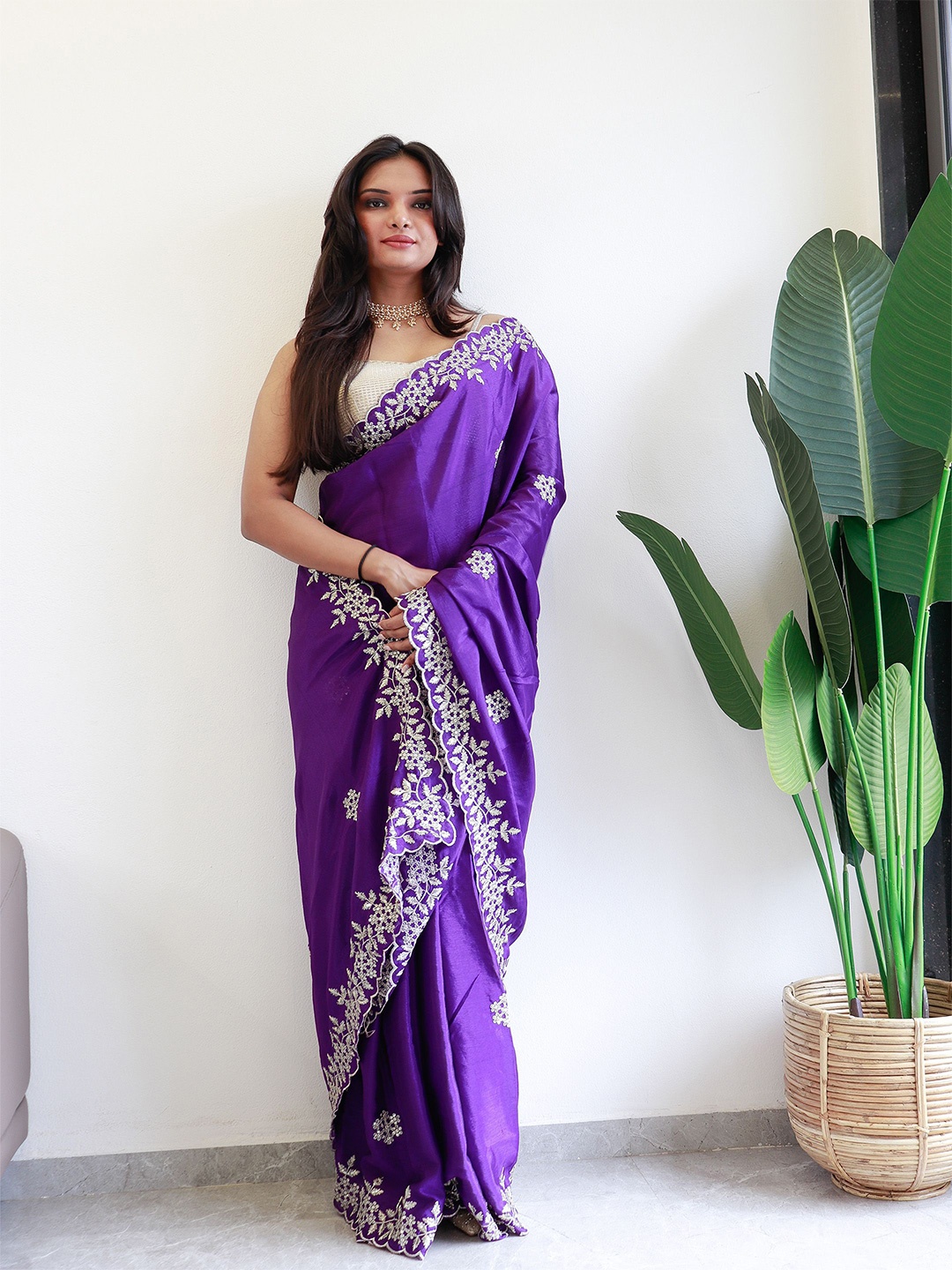 

Anouk Floral Embroidered Beads and Stones Saree, Purple
