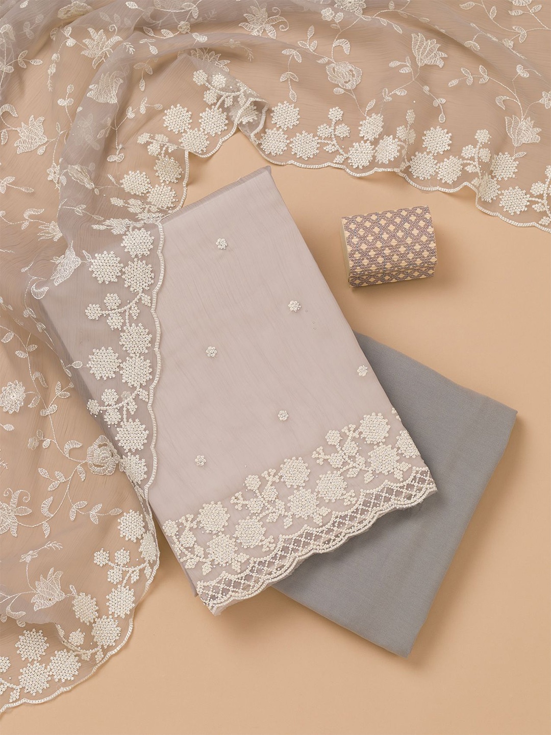 

Koskii Floral Embroidered Beads and Stones Unstitched Dress Material, Grey