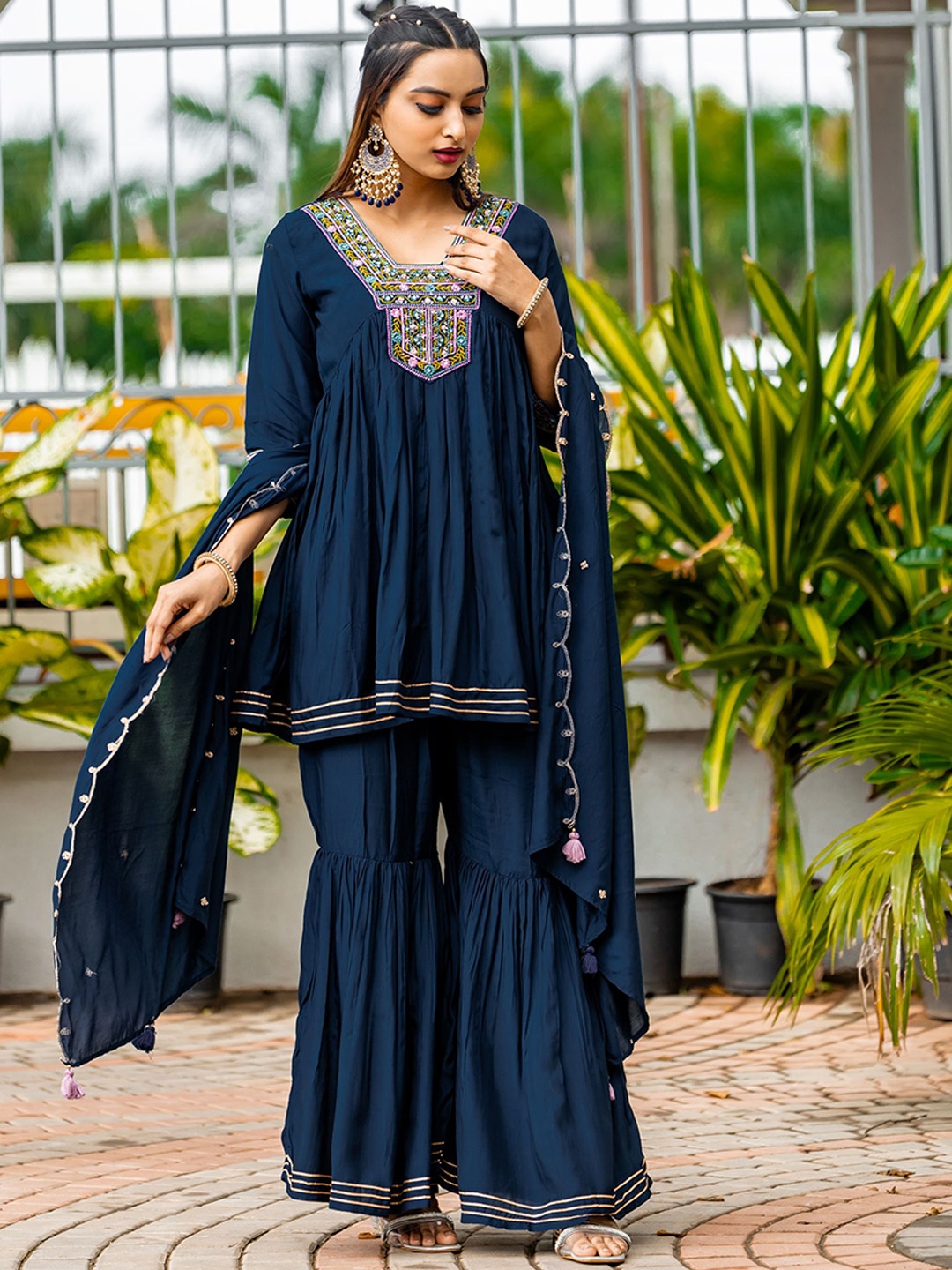 

MITTOO Ethnic Motifs Yoke Design Angrakha Pure Silk Kurta With Sharara & Dupatta, Blue