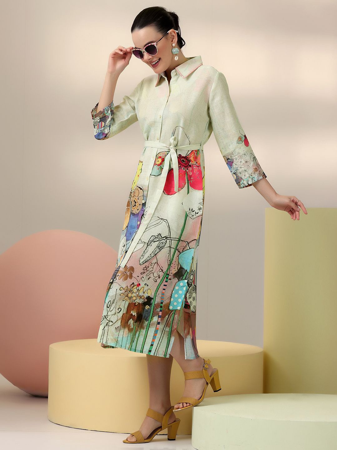 

Libas Abstract Printed Linen Shirt Midi Dress, Green