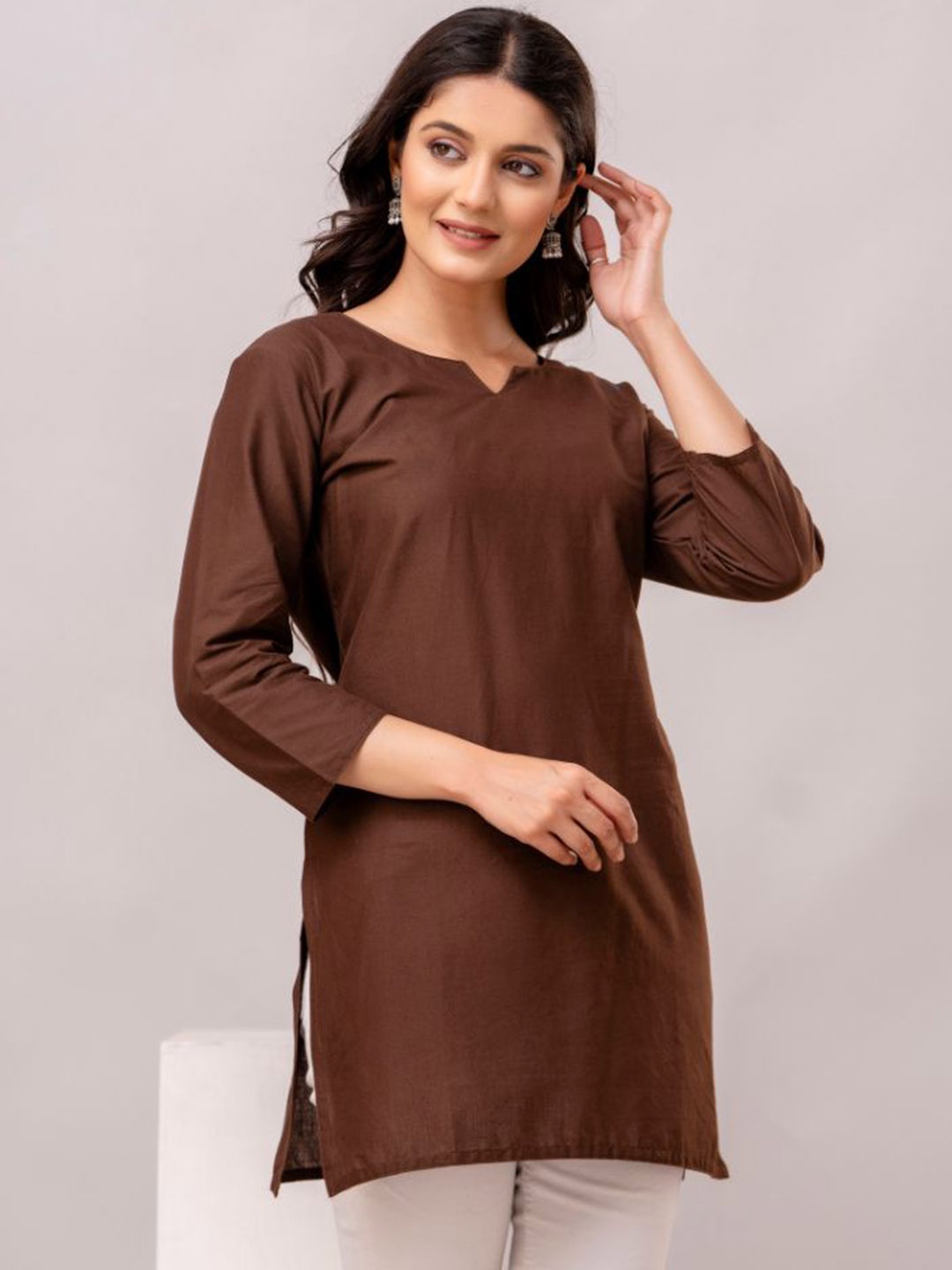 

Arudhi Notch Neck Pure Cotton Straight Kurti, Brown
