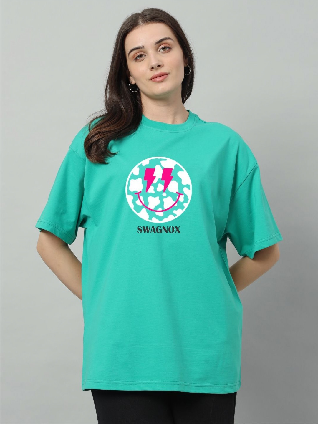 

SWAGNOX Women Graphic Printed Round Neck Cotton Oversized T-Shirt, Green