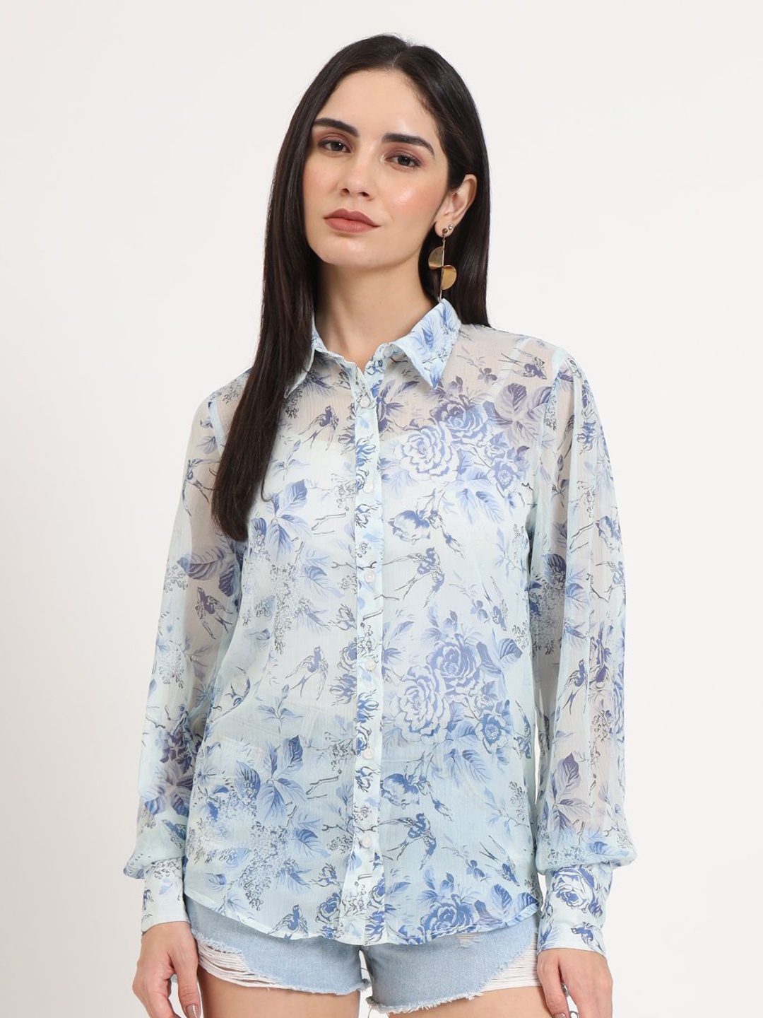 

AMSWAN Women Premium Spread Collar Floral Printed Relaxed Fit Casual Shirt, Blue