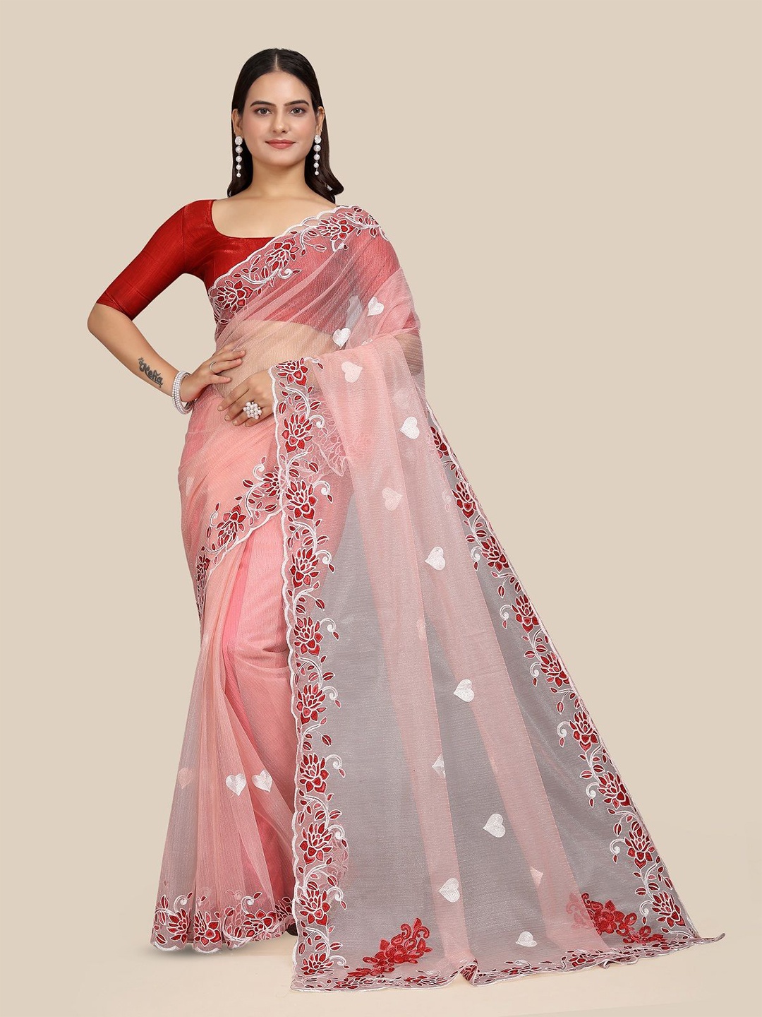 

Aika Floral Embroidered Net Saree, Pink