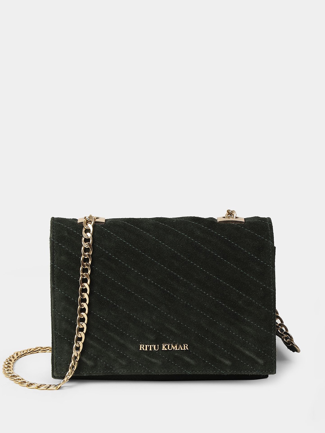 

Ritu Kumar Textured Suede Structured Sling Bag with Quilted, Green