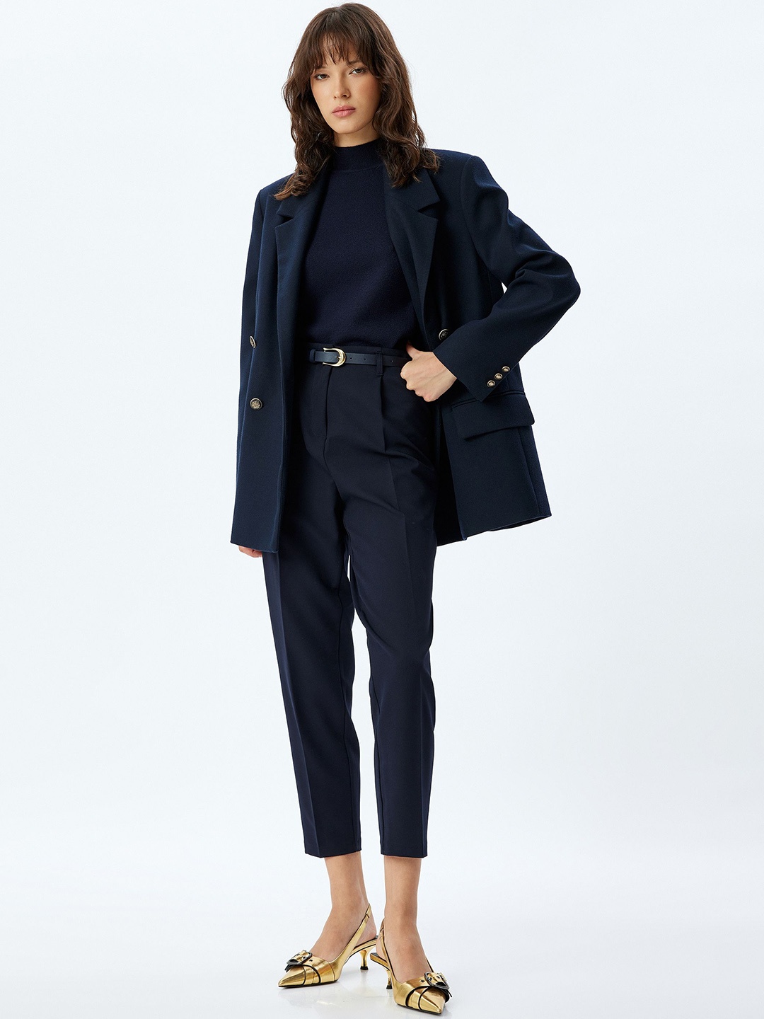 

Koton Women Slim Fit High-Rise Trousers, Navy blue