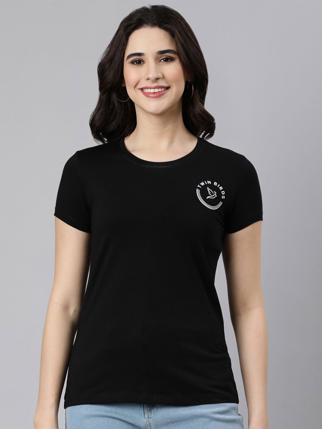 

TWIN BIRDS Women Graphic Printed Round Neck Cotton Slim Fit T-Shirt, Black