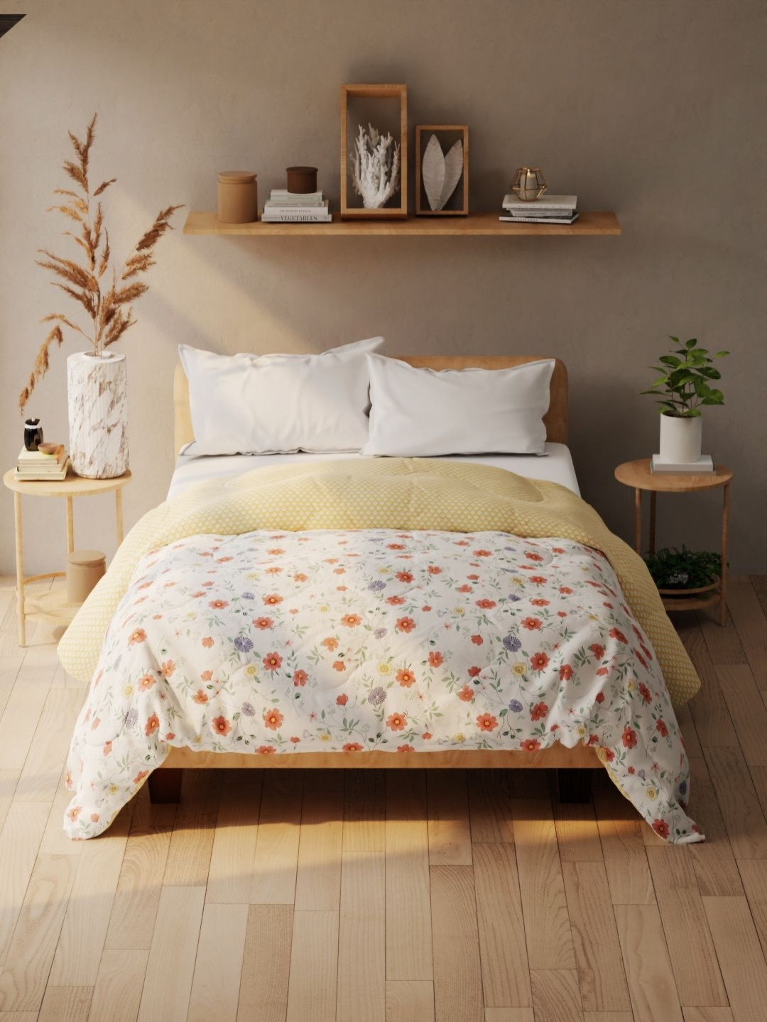 

KOPA Yellow & White Floral Printed 120 GSM Microfiber AC Room Double Bed Comforter