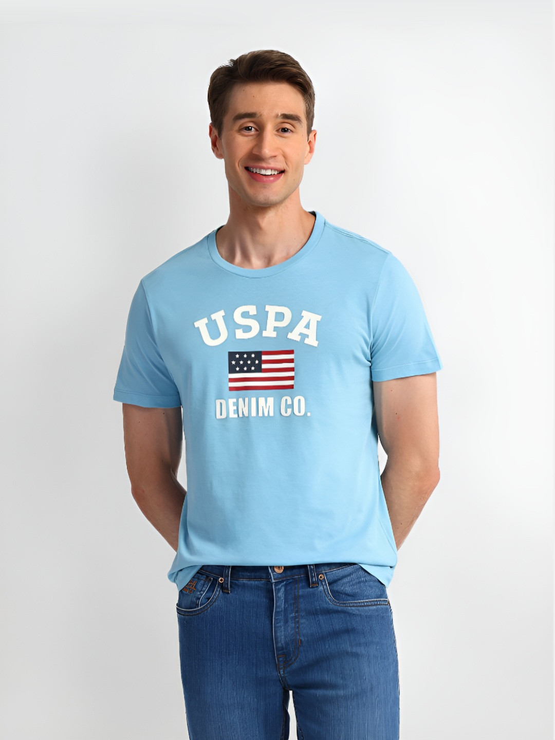 

U.S. Polo Assn. Men Graphic Printed Round Neck Cotton Slim Fit T-Shirt, Blue