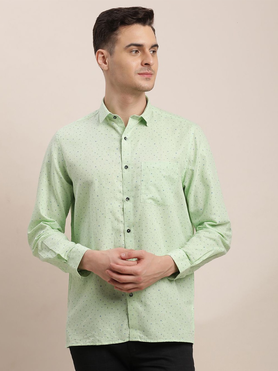 

Turtle Men Standard Spread Collar Micro Ditsy Printed Cotton Linen Casual Shirt, Green