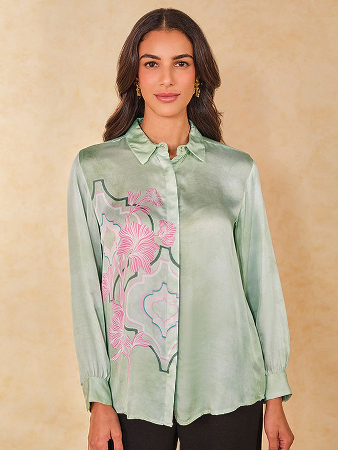 

AND Floral Print Shirt Style Top, Green