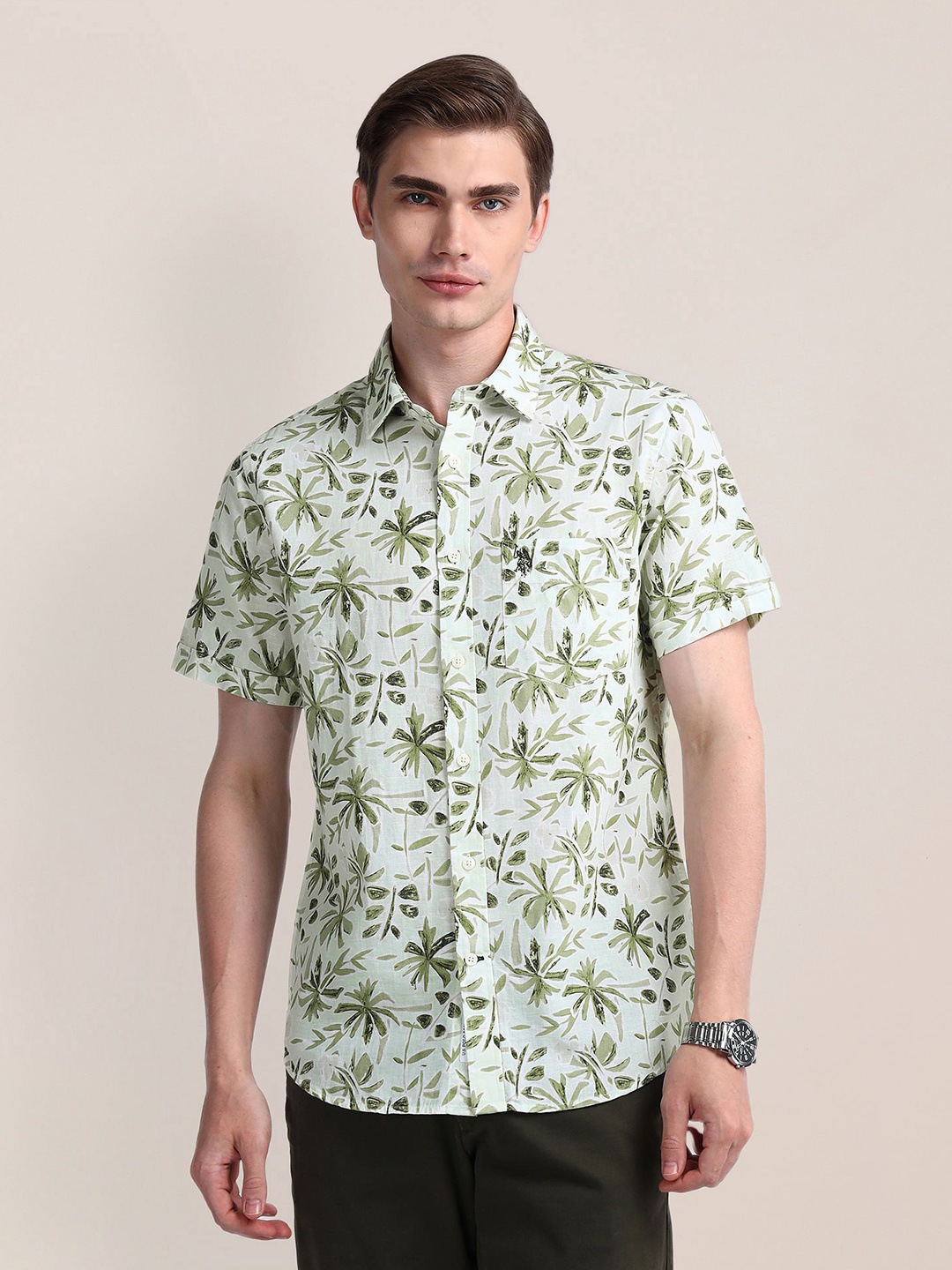 

U.S. Polo Assn. Men Modern Slim Fit Floral Opaque Printed Casual Shirt, Green