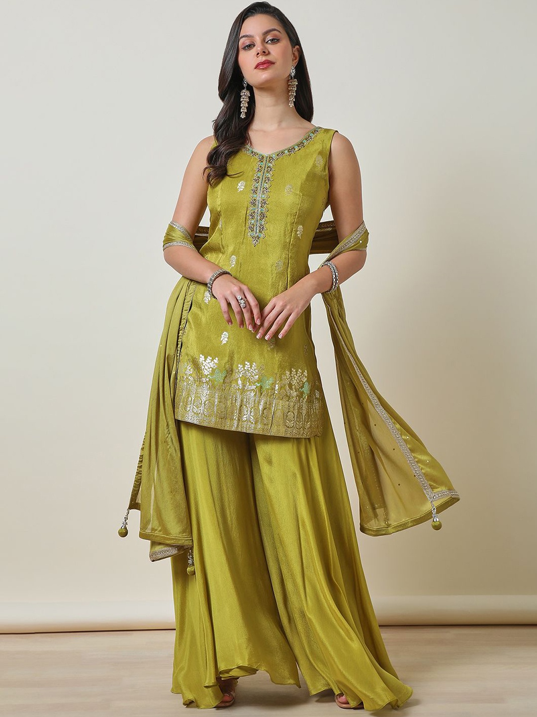 

Soch Floral Embroidered Zari Regular Straight Kurti with Palazzos & Dupatta, Olive