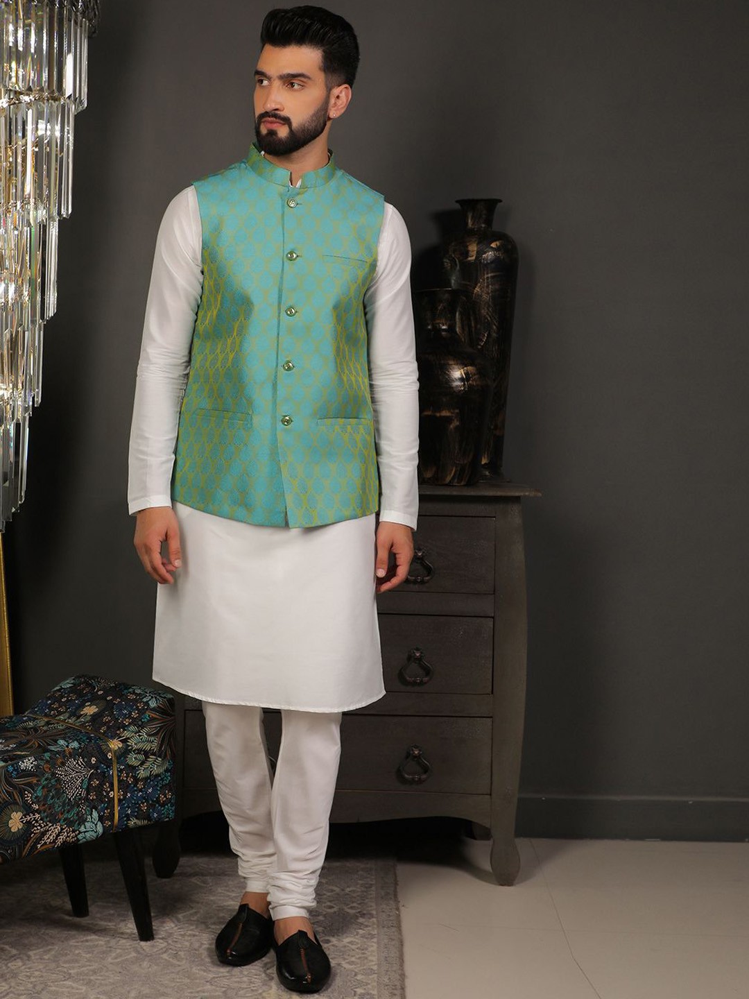 

DEYANN Mandarin Collar Jacquard Weave Cotton Silk Kurta with Churidar & Nehru jacket, Blue