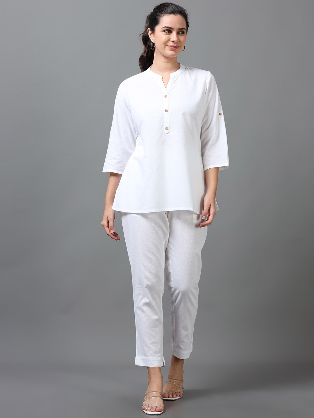 

Marcia Mandarin Collar Pure Cotton Tunic With Trousers, White