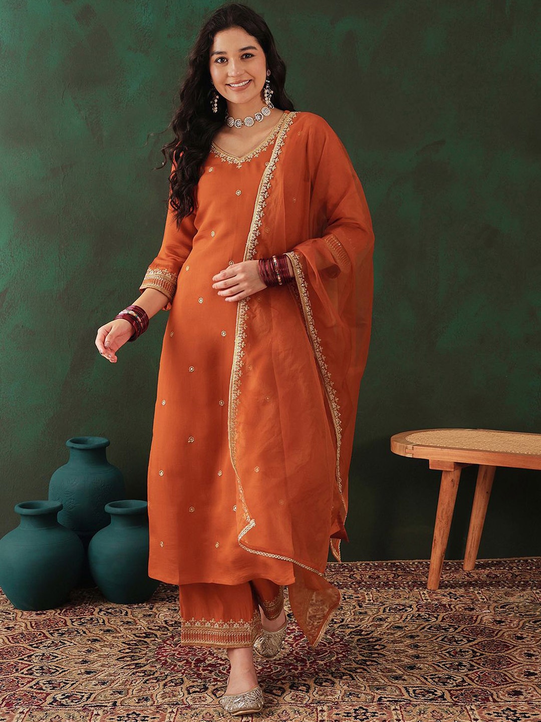 

Sangria Floral Embroidered Zari Straight Kurta & Trouser With Dupatta, Orange