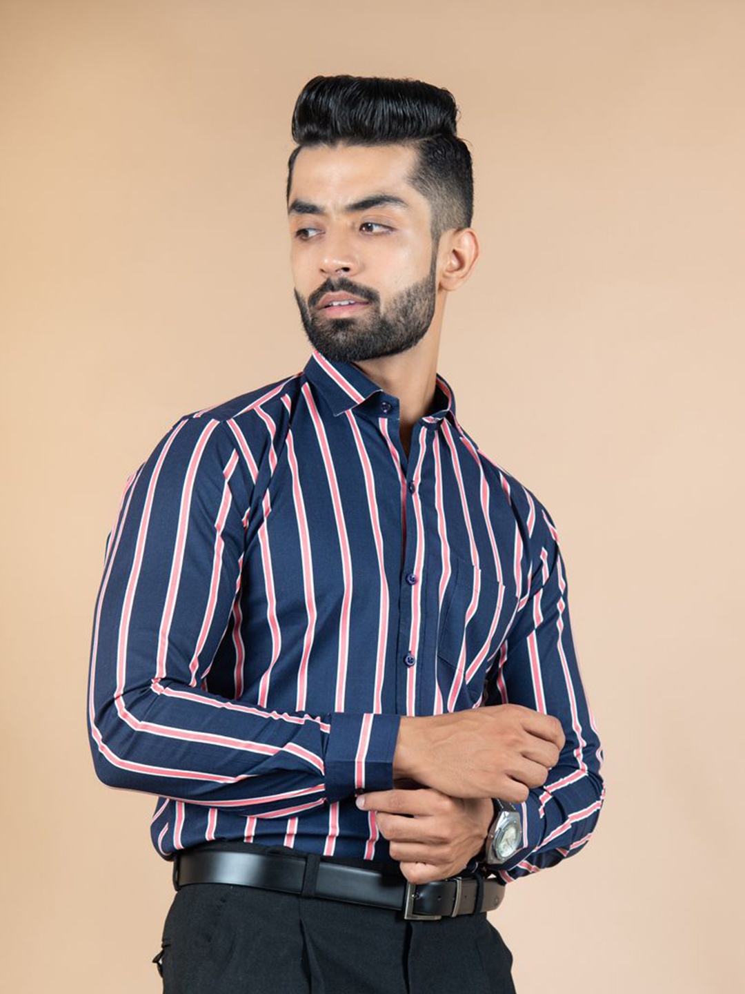 

Tistabene Men Standard Spread Collar Striped Cotton Formal Shirt, Blue
