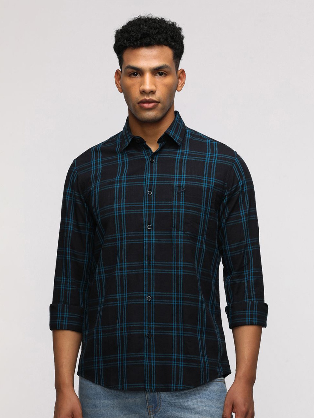 

Crocodile Men Comfort Spread Collar Tartan Checked Cotton Casual Shirt, Black