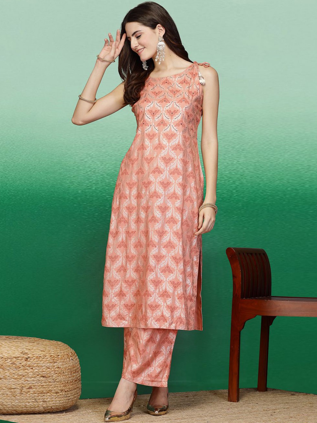 

Sangria Ethnic Motifs Woven Design Straight Kurta, Peach