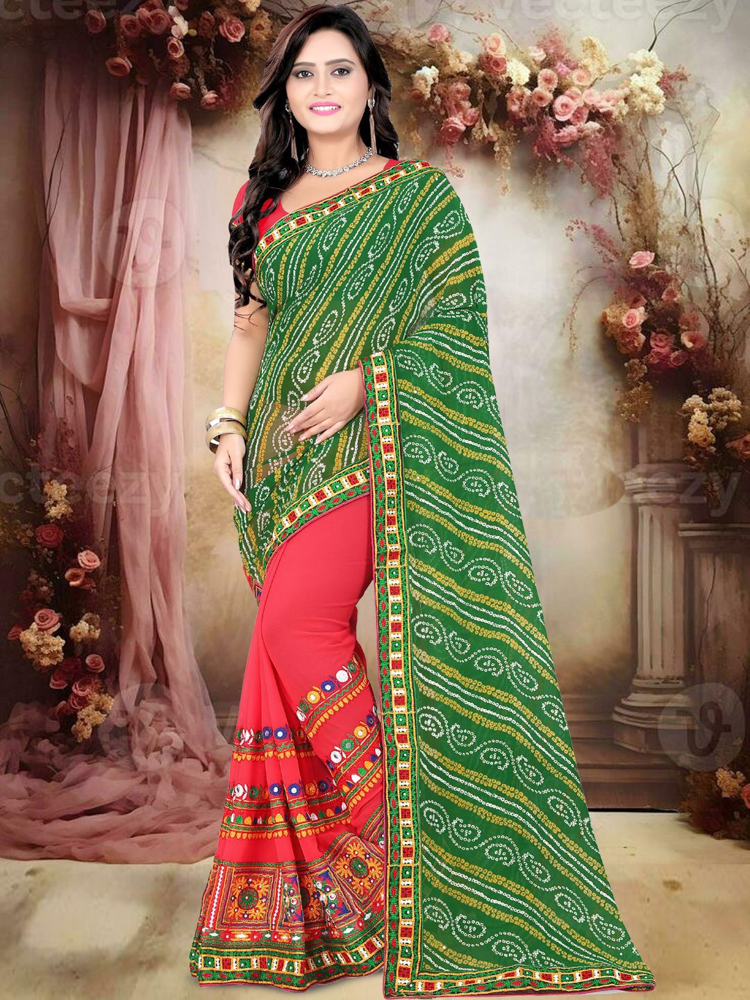 

KAVINDI Women Bandhani Embroidered Pure Georgette Half and Half Bandhani Saree, Green