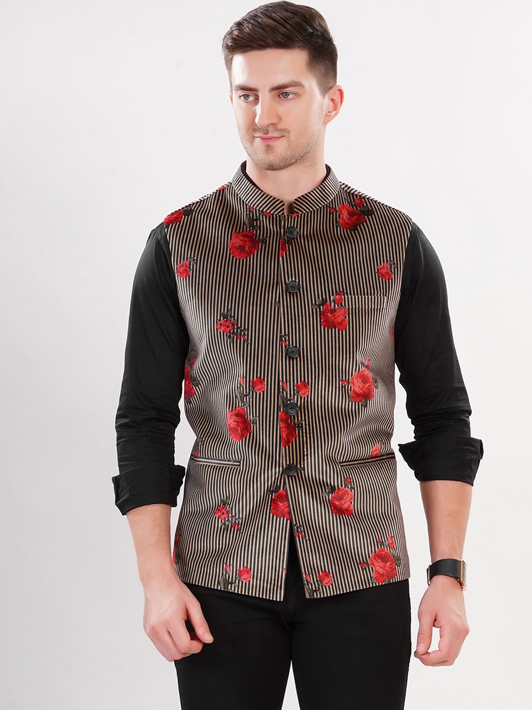 

LA'SCOOT Floral Printed Mandarin Collar Nehru Jacket, Navy blue