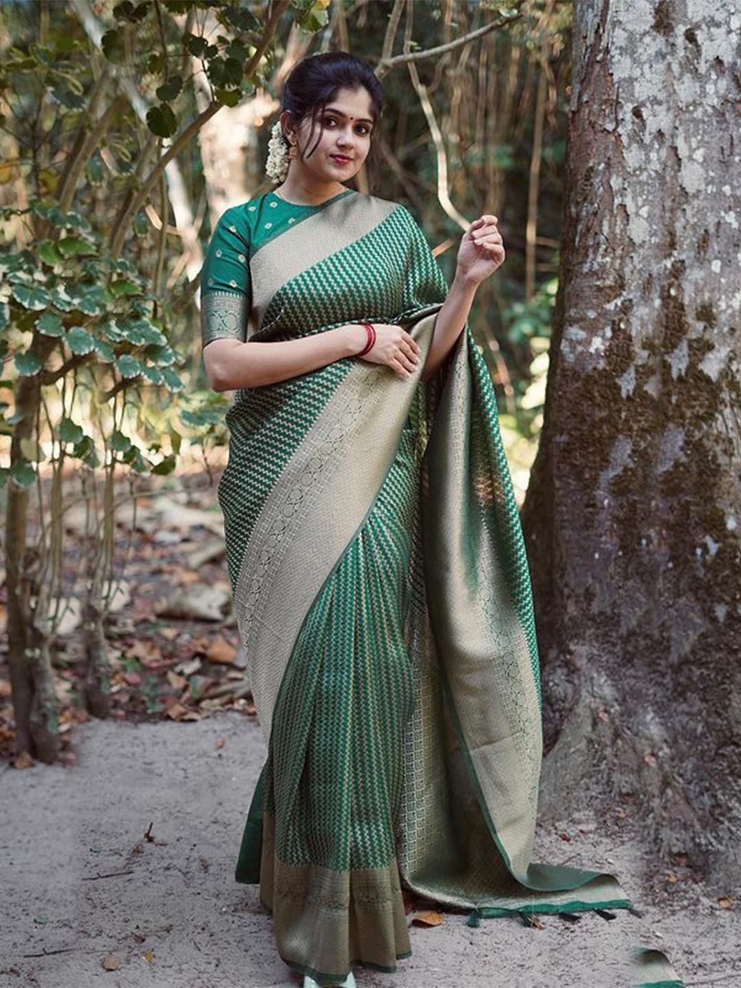 

QENY Woven Design Zari Banarasi Saree, Green