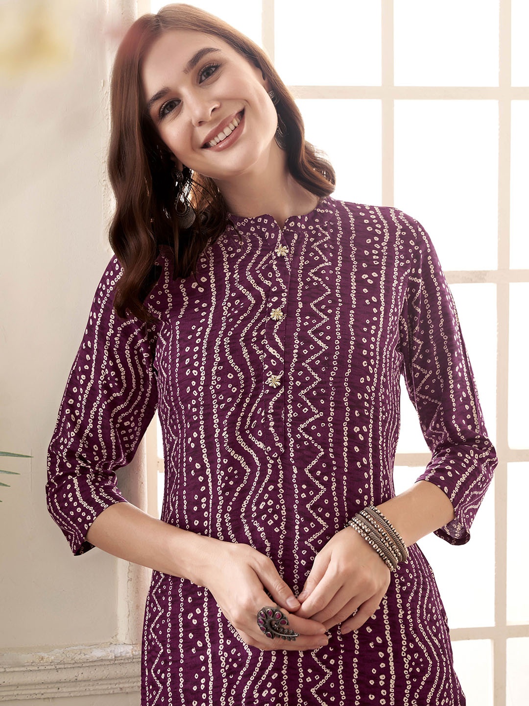 

Anouk Bandhani Printed Mandarin Collar Straight Kurta, Magenta