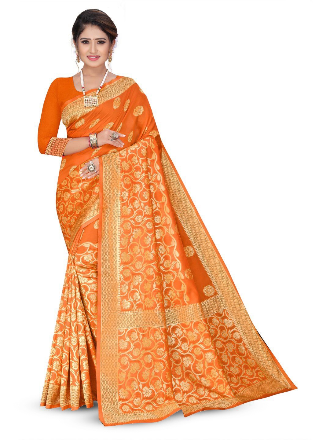 

Tulip Eden Women Woven Design Ethnic Motifs Banarasi Saree, Orange