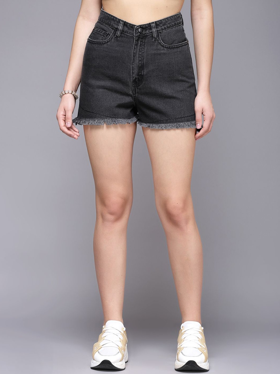 

COSMIC TRIO Women Washed High-Rise Denim Shorts, Black